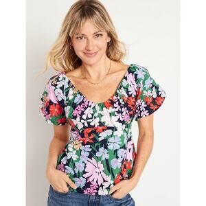 Old Navy Size Medium Floral Print Waist-Defined Puff Sleeve V-Neck Top Cotton